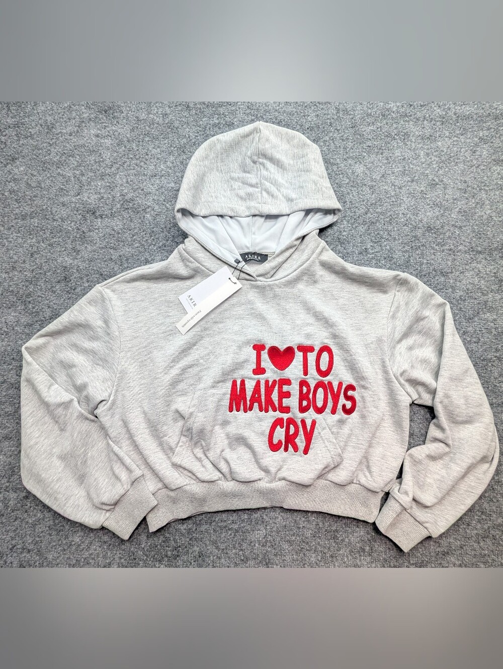Akira "I Love To Make Boys Cry" Gray Cropped Hoodie Women's Large NWT